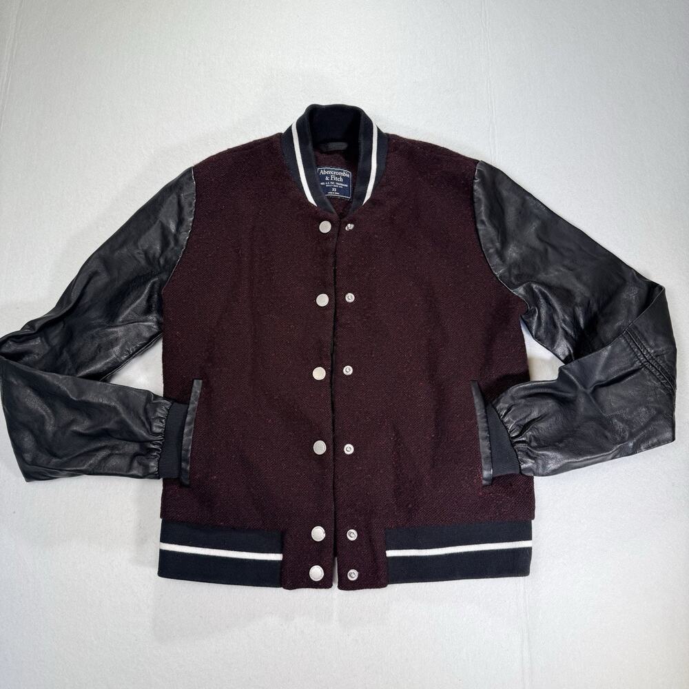 Abercrombie & Fitch burgundy varsity jacket faux leather sleeves women’s Sz XS